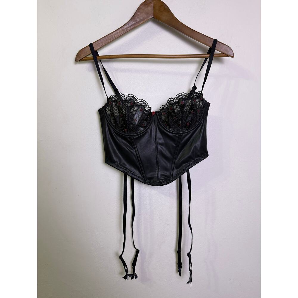 Savage X Fenty Black Caviar Faux Leather & Floral Lace Bustier Corset Top - Picture 2 of 9